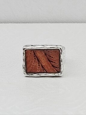 Silpada Peyote Bird Sterling Silver Brown Tooled Leather Ring Size 9.5  R1014